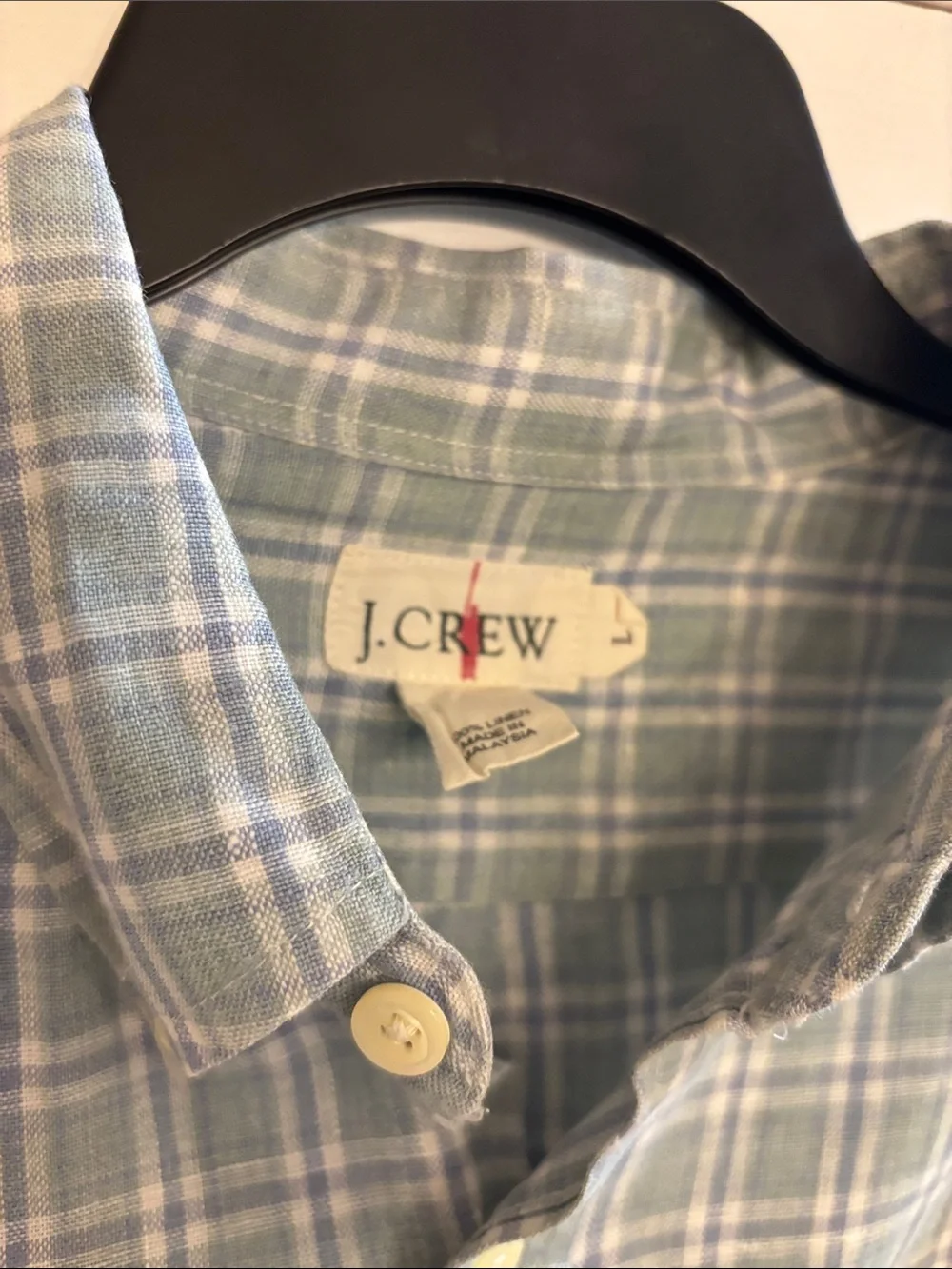 J. Crew Linen Green Plaid Button-Down Mens Shirt large
